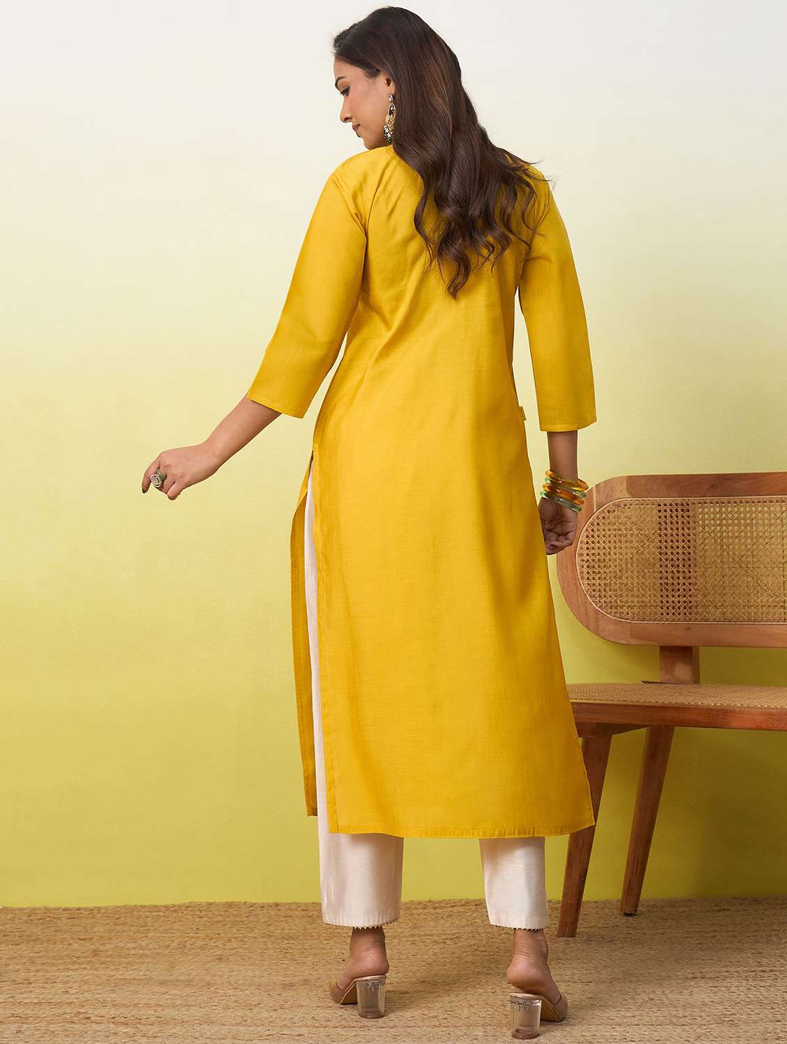 women solid with work three quarter sleeve straight kurta - 22639764 -  Standard Image - 4