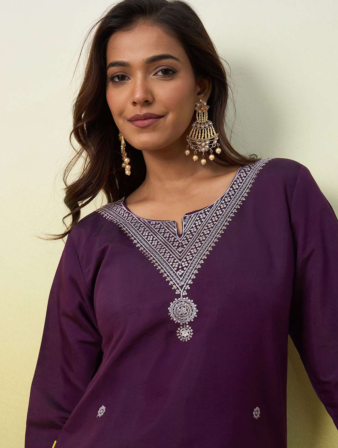 women solid with work three quarter sleeve straight kurta - 22639768 -  Standard Image - 1
