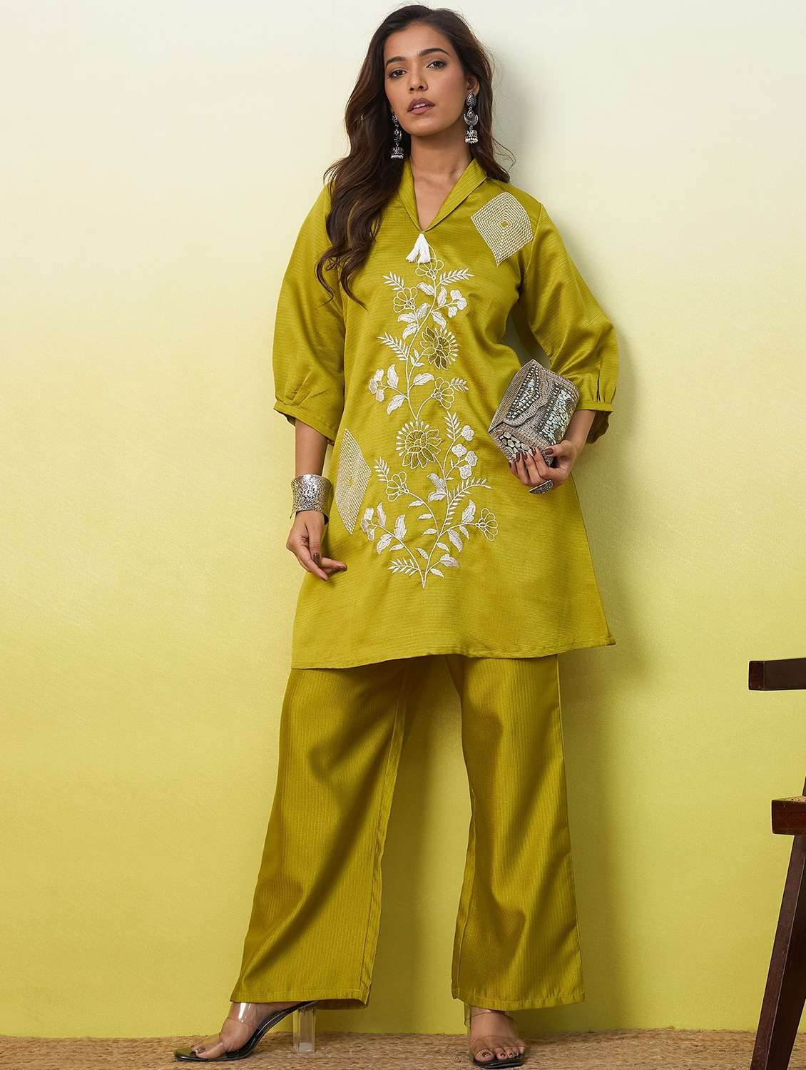 women embroidered three quarter sleeves ethnic co-ord set