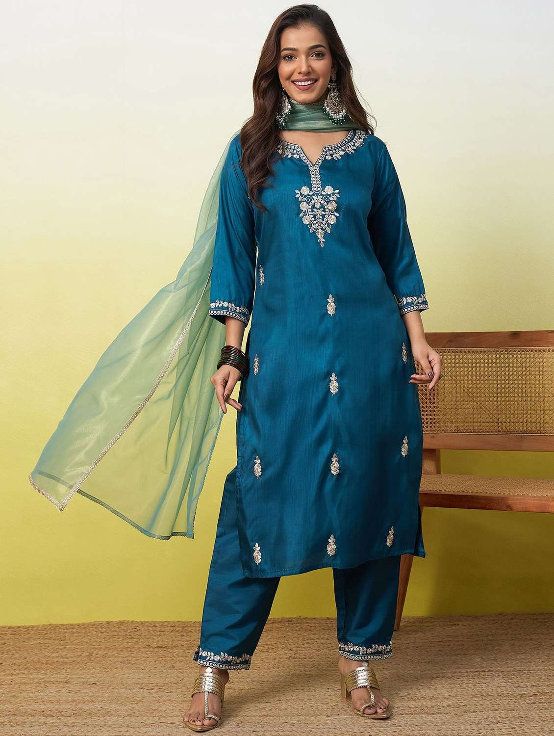 women embroidered three quarter sleeves kurta pant set with dupatta