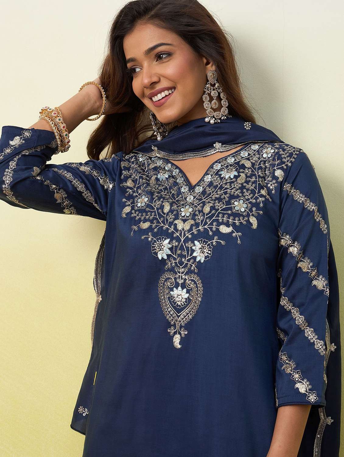 Women Embroidered Three Quarter Sleeves Kurta Pant Set With Dupatta - 22639793 -  Standard Image - 1