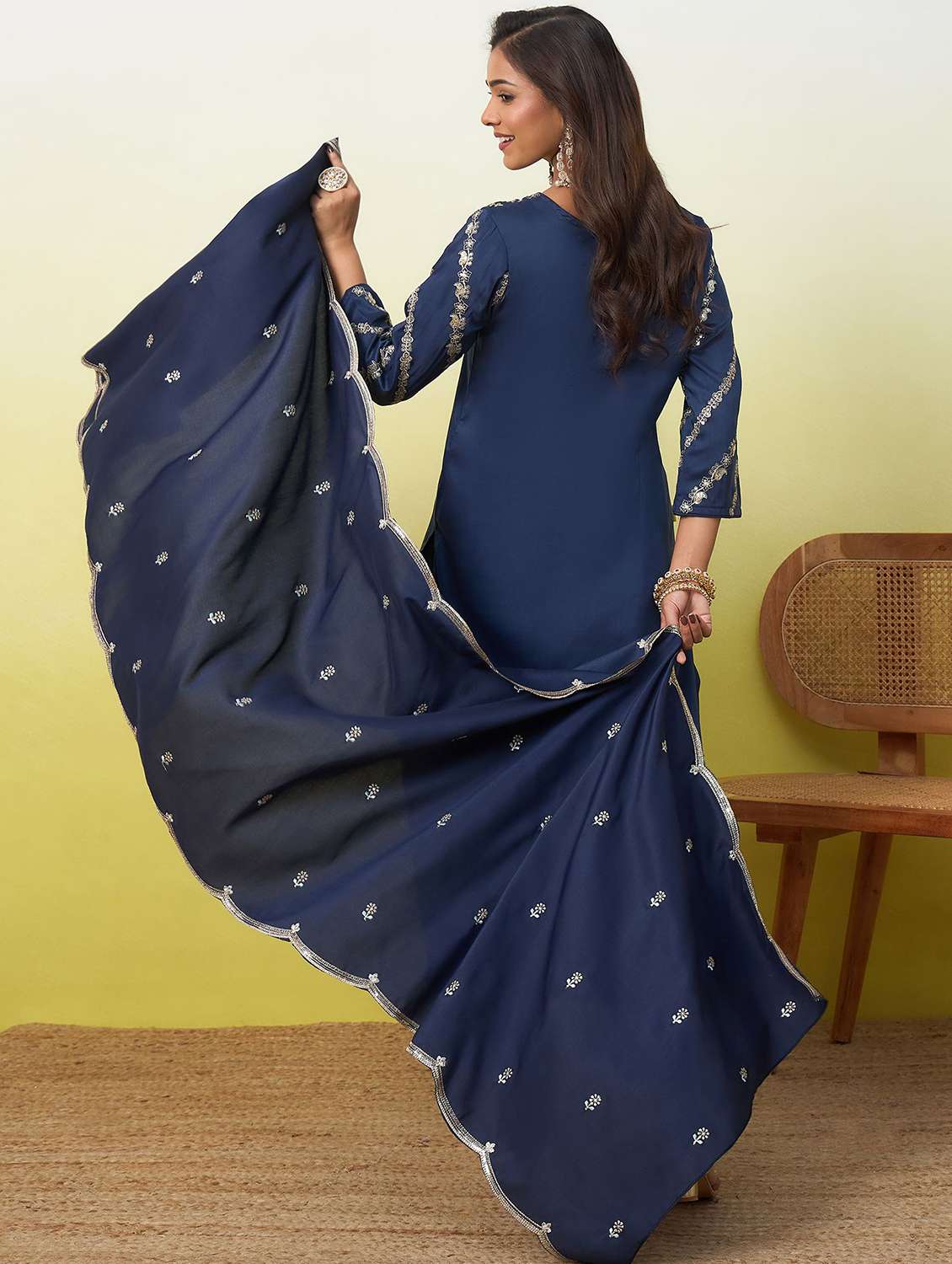Women Embroidered Three Quarter Sleeves Kurta Pant Set With Dupatta - 22639793 -  Standard Image - 4