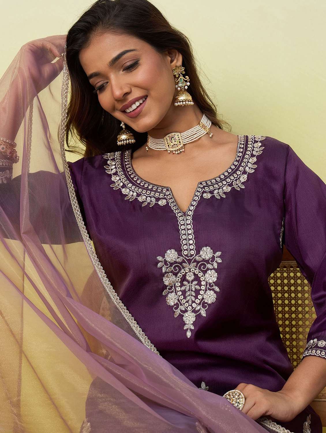 women embroidered three quarter sleeves kurta pant set with dupatta - 22639809 -  Standard Image - 1