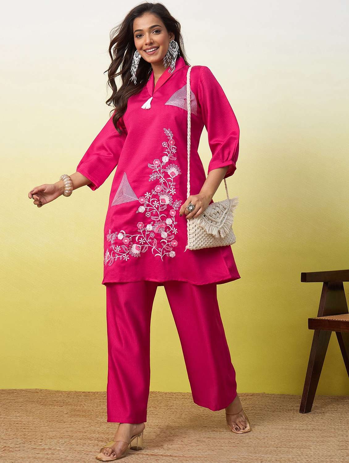 women embroidered three quarter sleeves ethnic co-ord set