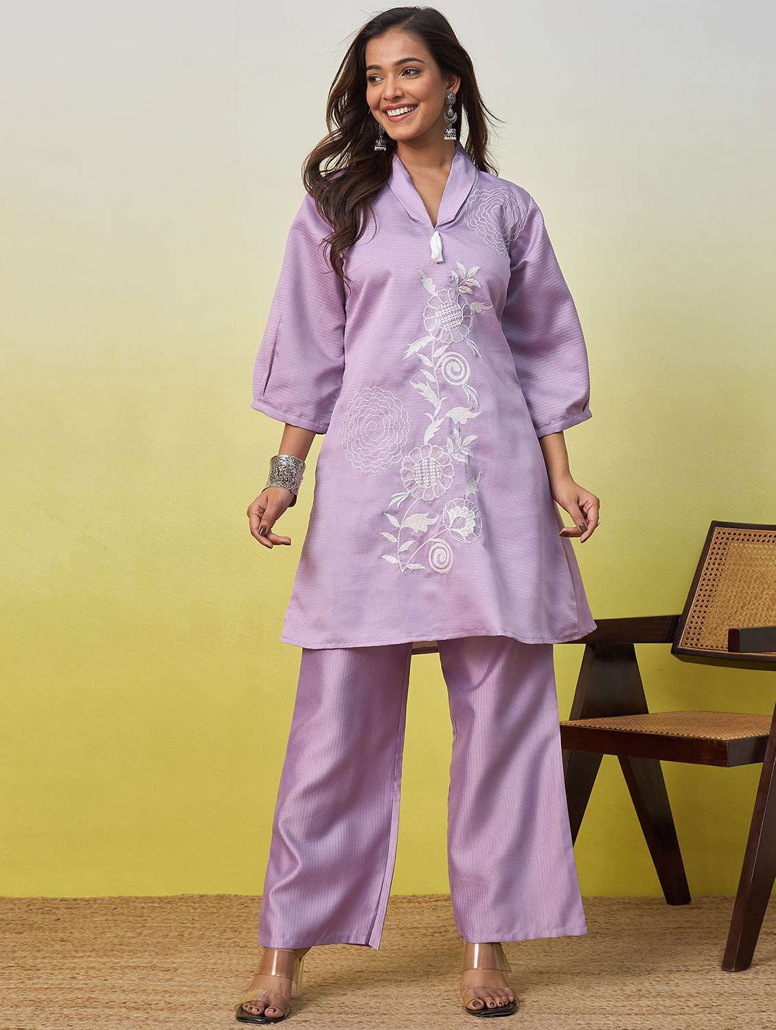women embroidered three quarter sleeves ethnic co-ord set