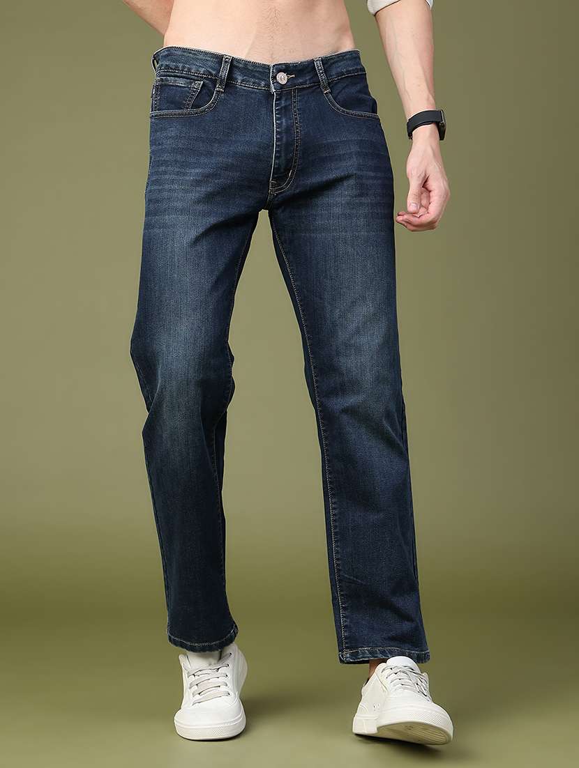 men washed mid rise full length straight jeans
