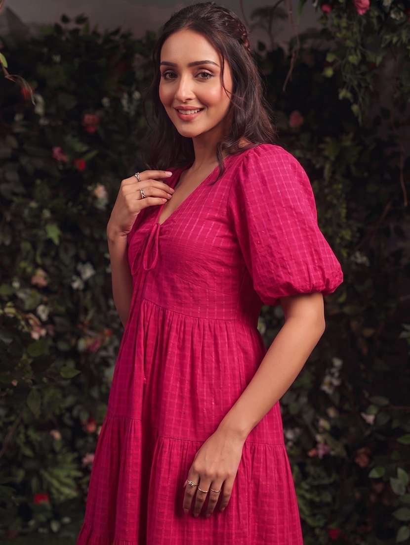 women self design puff sleeves tiered dress - 22640387 -  Standard Image - 1