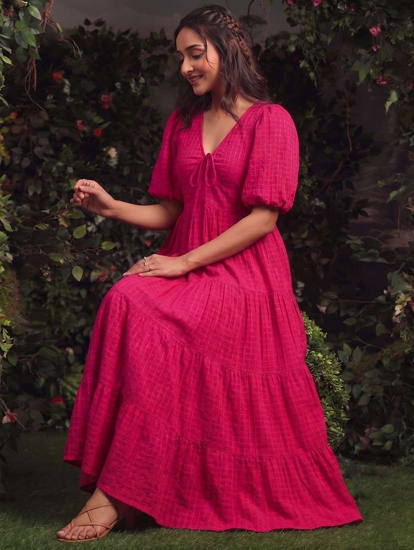 women self design puff sleeves tiered dress - 22640387 -  Standard Image - 4