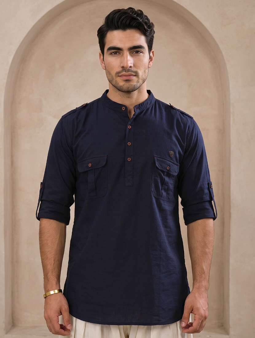men solid mandarin neck pathani short kurta