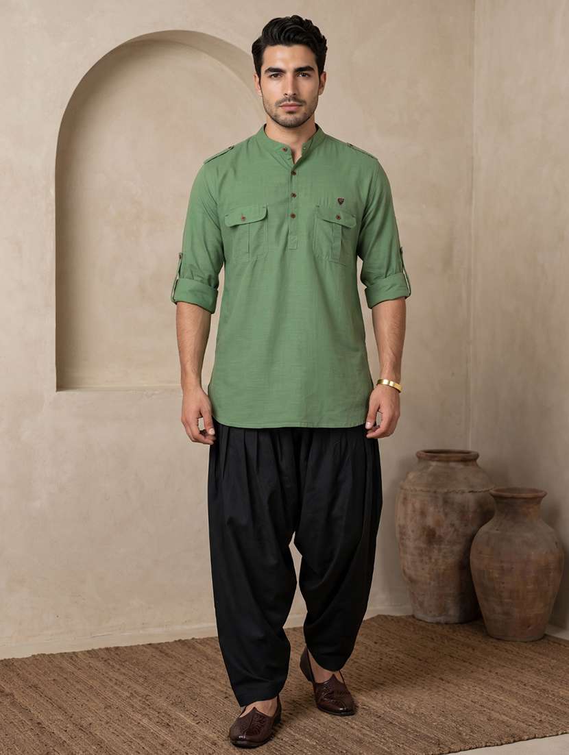 Men Solid Mandarin Neck Pathani Short Kurta - 22642592 -  Standard Image - 4