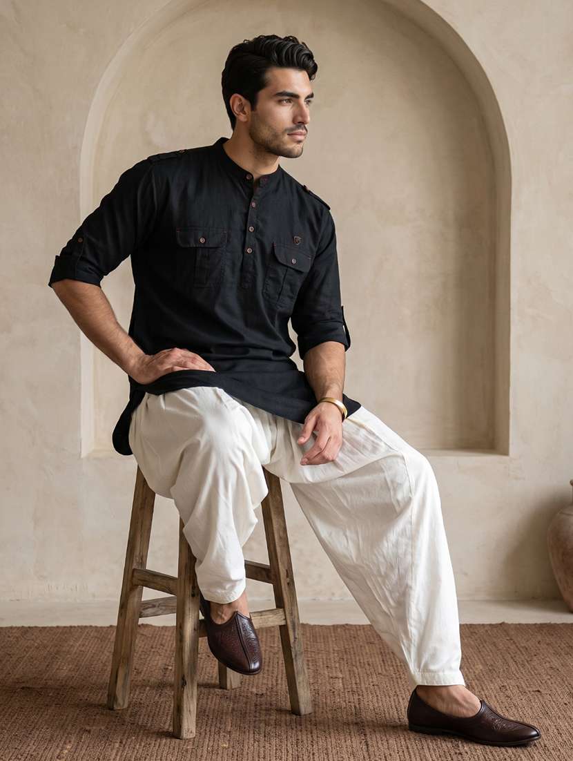Men Solid Mandarin Neck Pathani Short Kurta - 22642593 -  Standard Image - 4