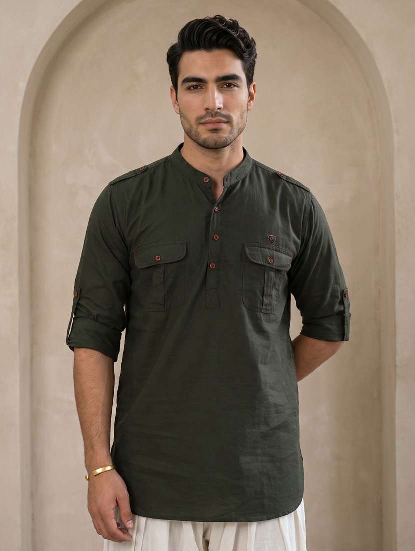 men solid mandarin neck pathani short kurta