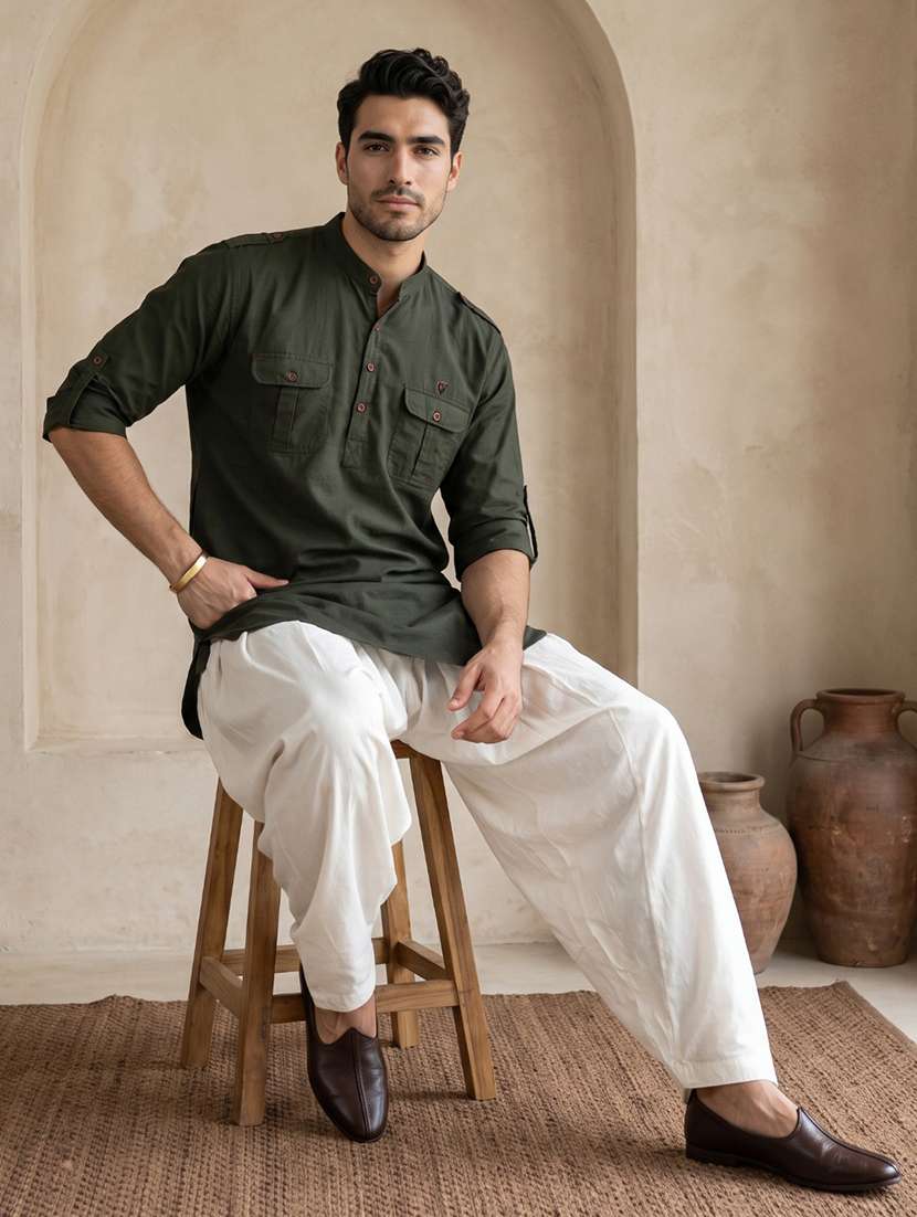 Men Solid Mandarin Neck Pathani Short Kurta - 22642595 -  Standard Image - 4
