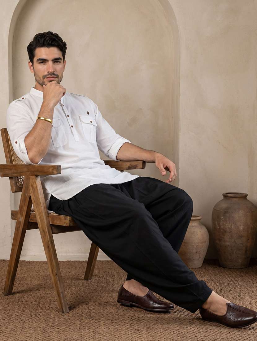 Men Solid Mandarin Neck Pathani Short Kurta - 22642597 -  Standard Image - 4