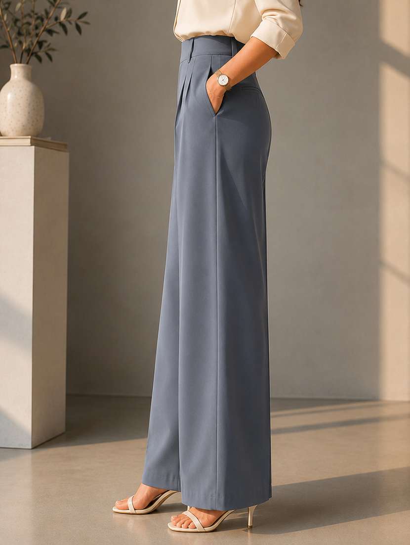 Women Solid High Rise Wide Leg Trouser - 22642626 -  Standard Image - 1