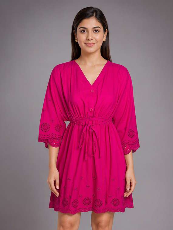 women self design three quarter sleeves a-line dress