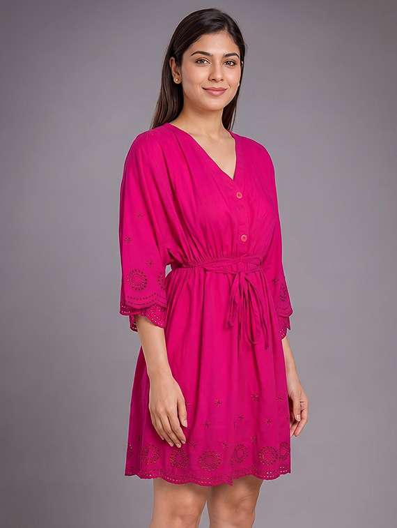 Women Self Design Three Quarter Sleeves A-line Dress - 22642665 -  Standard Image - 1