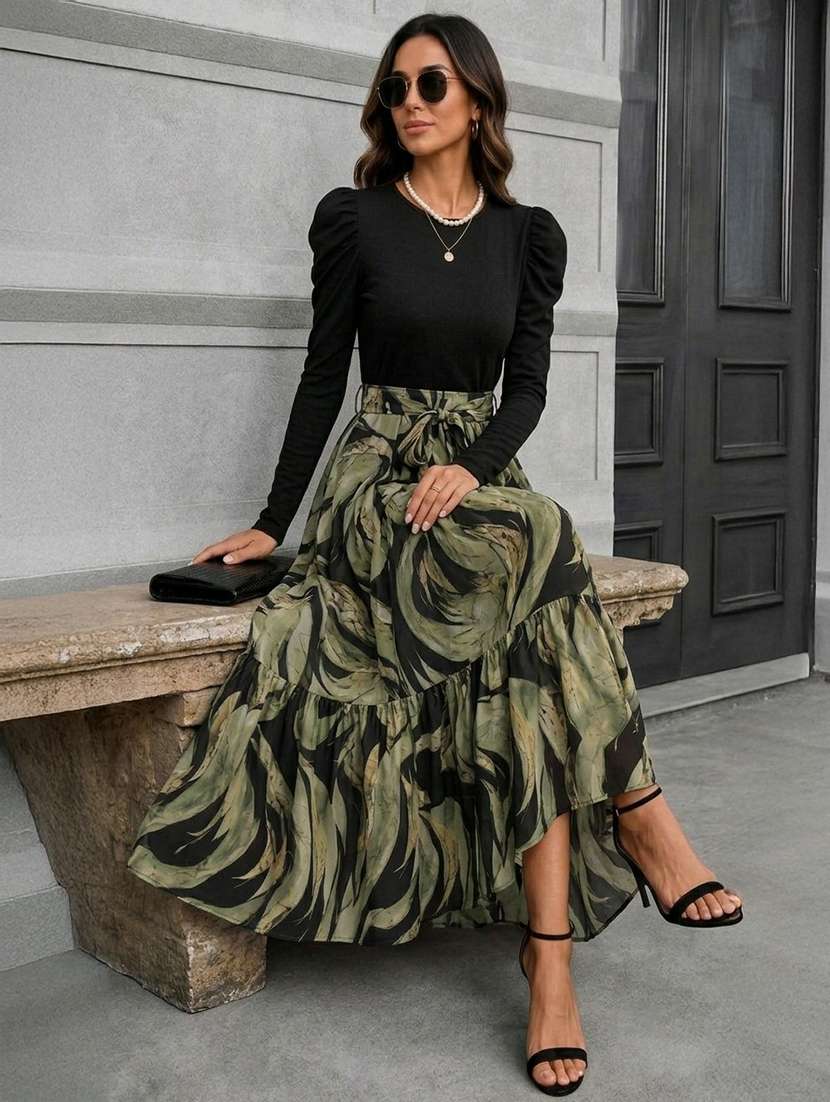 women printed leg-o-mutton sleeve tiered dress - 22642667 -  Standard Image - 1