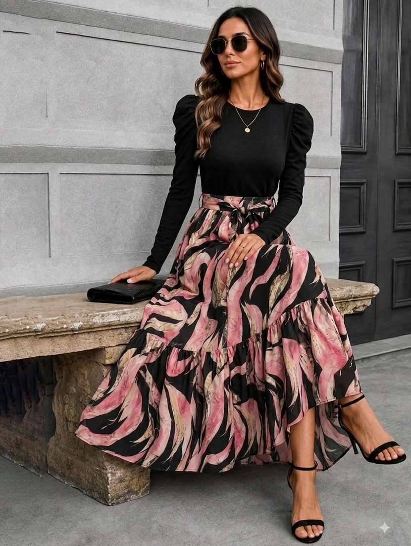women printed leg-o-mutton sleeve tiered dress - 22642668 -  Standard Image - 1