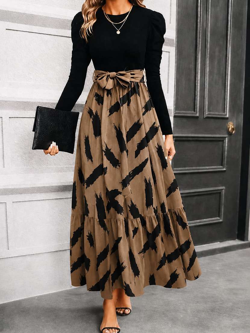 women printed leg-o-mutton sleeve tiered dress - 22642669 -  Standard Image - 1