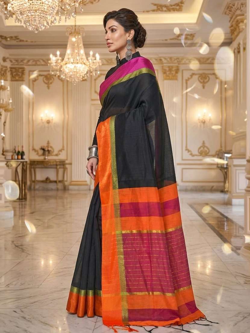 Women Solid With Bordered Handloom Saree With Blouse - 22658406 -  Standard Image - 1