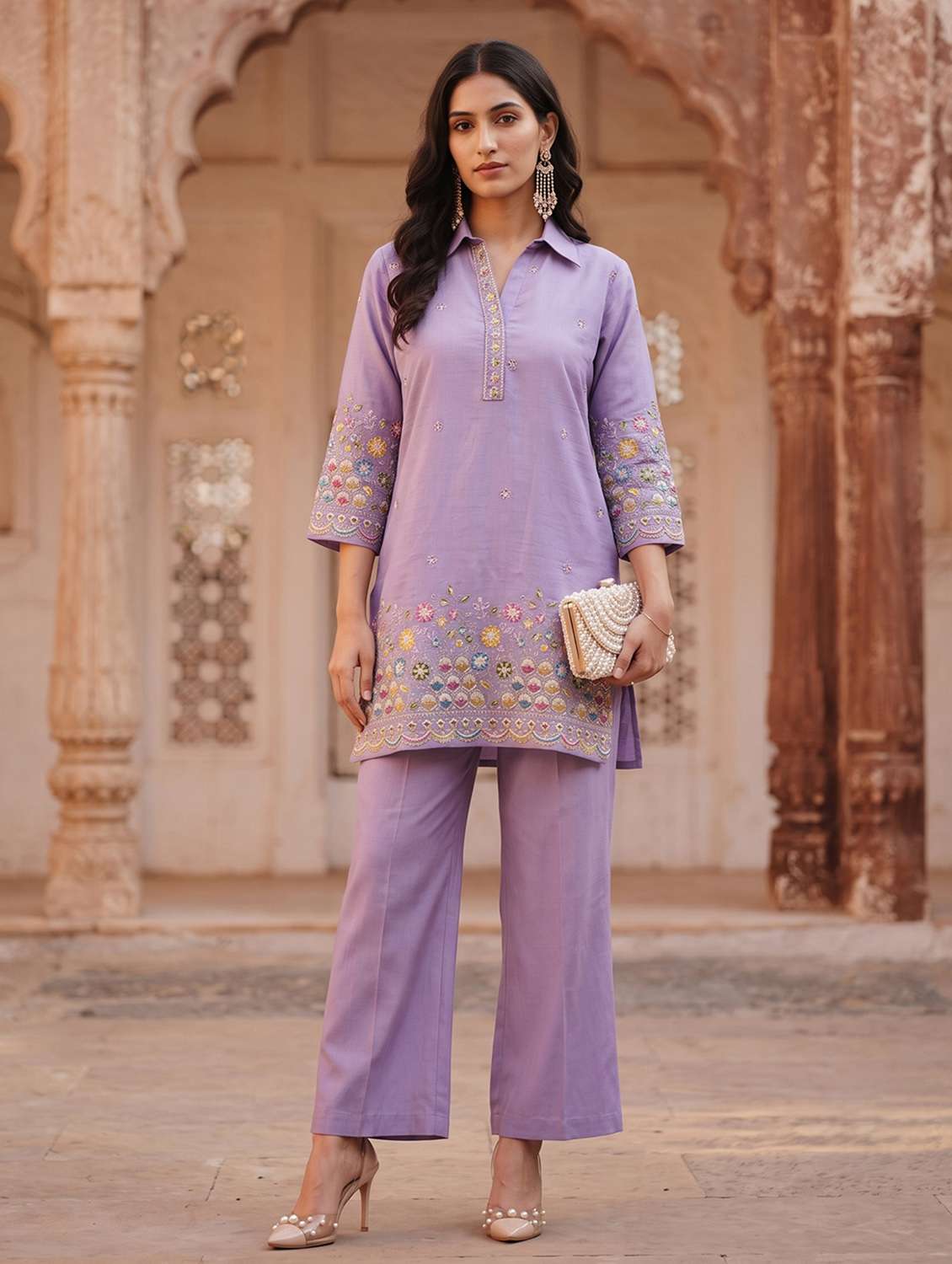 women embroidered three quarter sleeves ethnic co-ord set