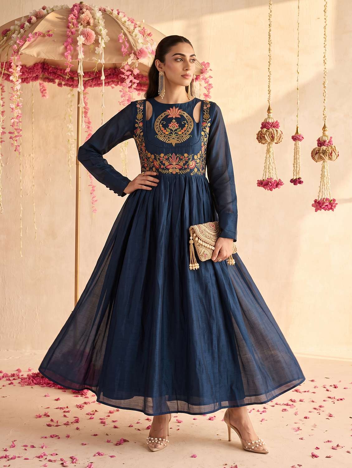 women embroidered long sleeves anarkali dress