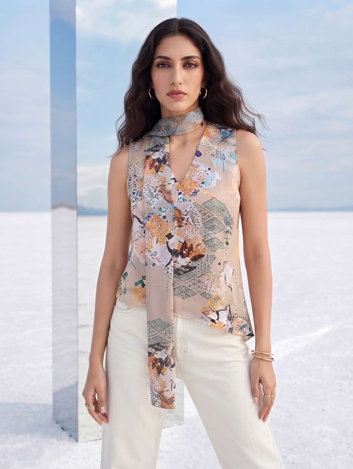 women printed sleeveless asymmetric dress