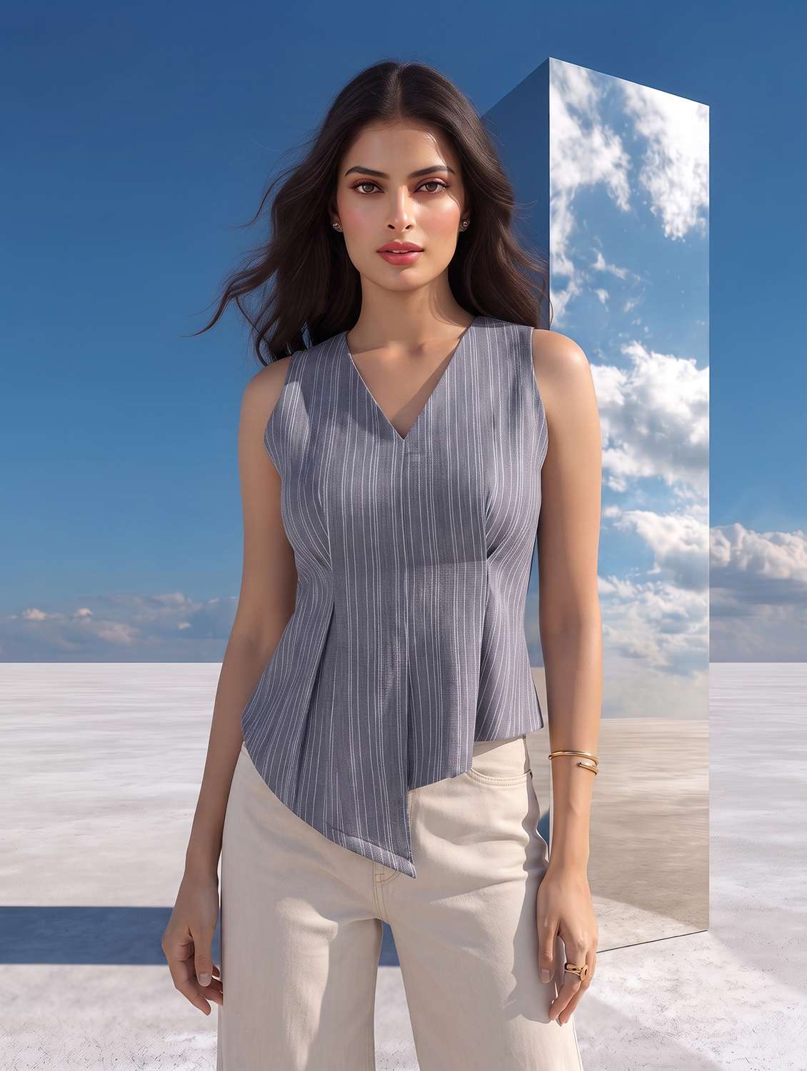 women printed sleeveless asymmetric top