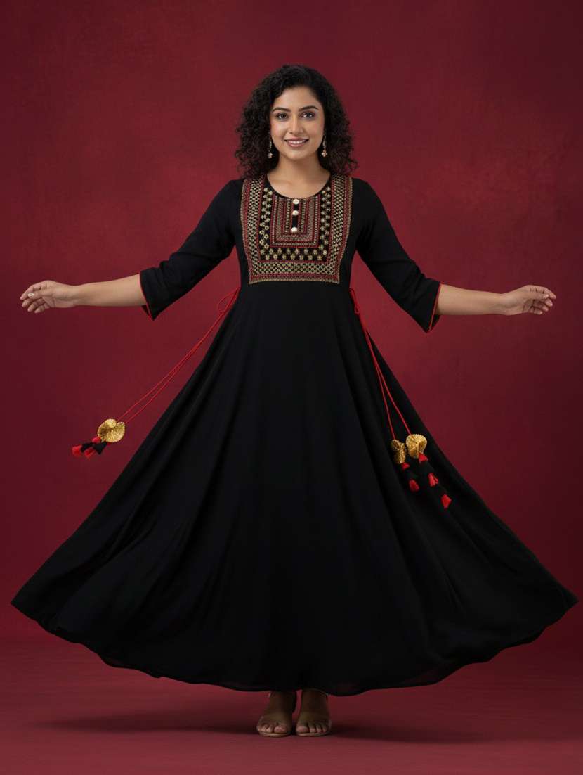 women solid with work round neck tiered ethnic dress - 22658948 -  Standard Image - 1