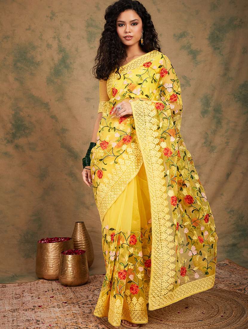 women solid with work embroidered saree with blouse