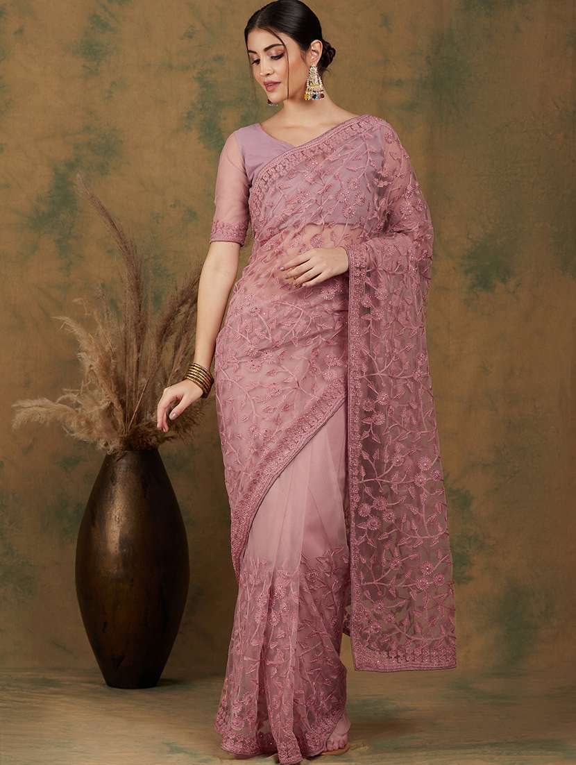 Women Solid With Work Embroidered Saree With Blouse - 22660436 -  Standard Image - 1