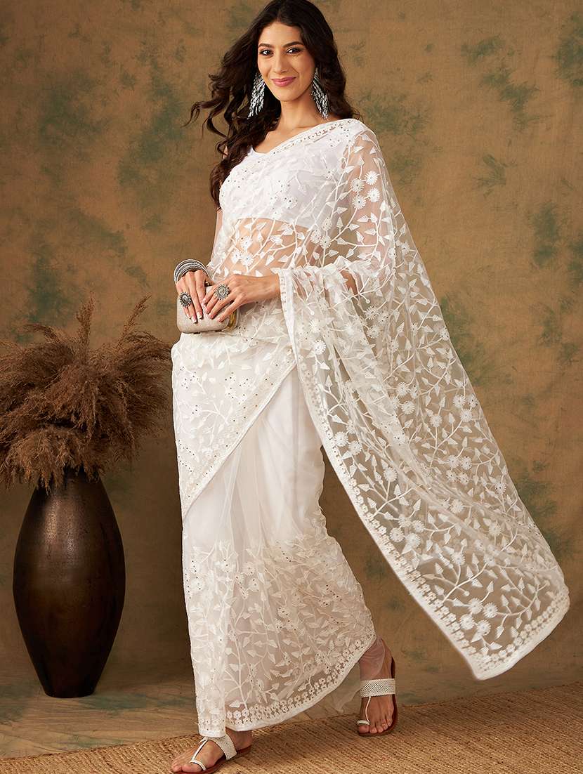 women solid with work embroidered saree with blouse