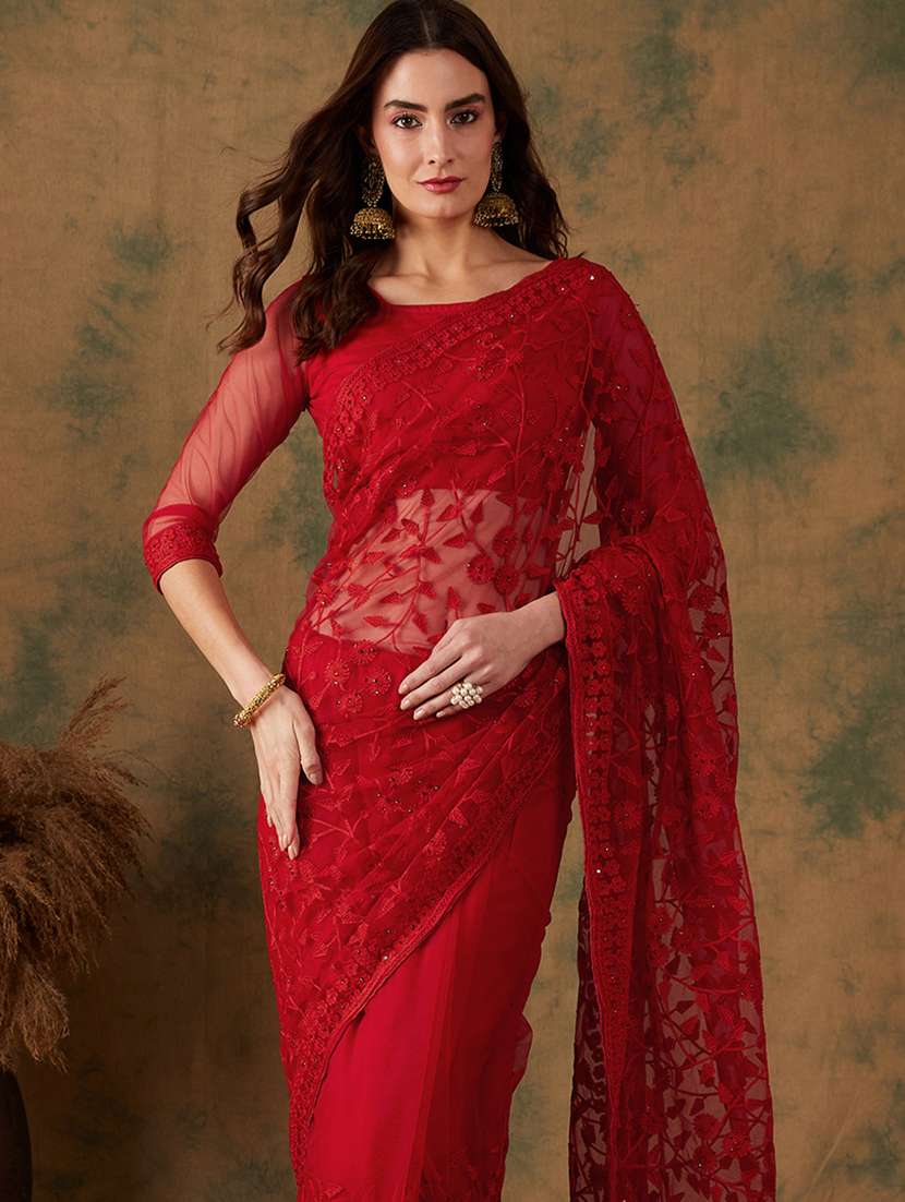Women Solid With Work Embroidered Saree With Blouse - 22660440 -  Standard Image - 1