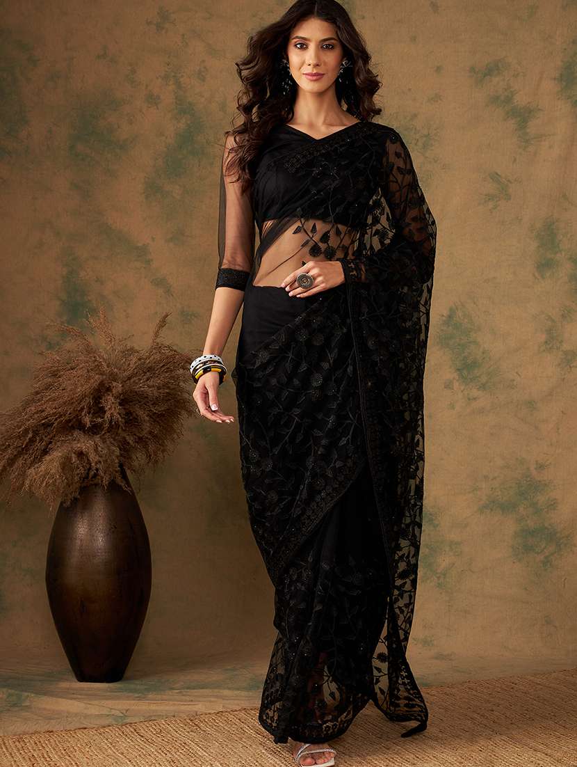 women solid with work embroidered saree with blouse