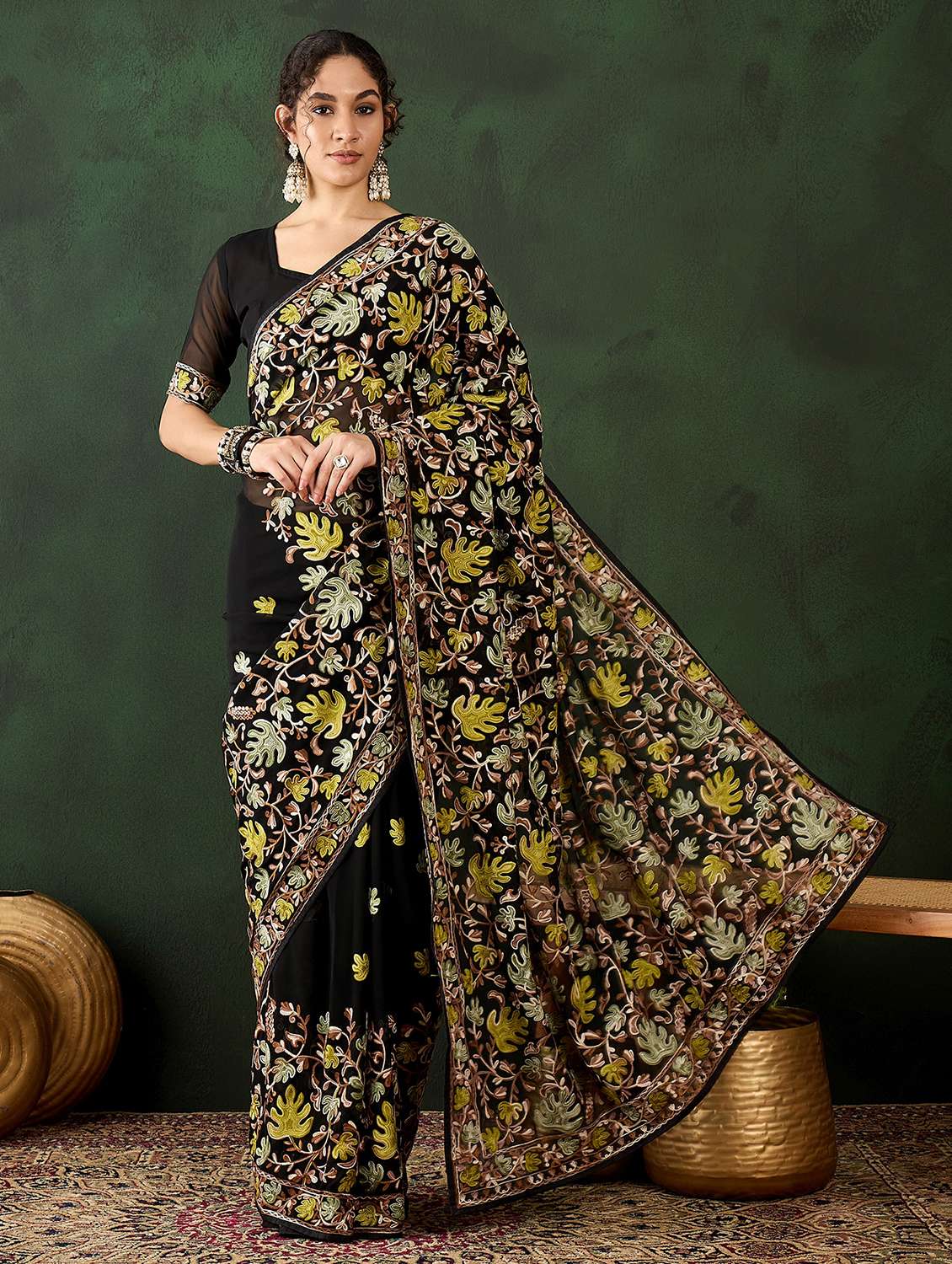 women solid with work embroidered saree with blouse