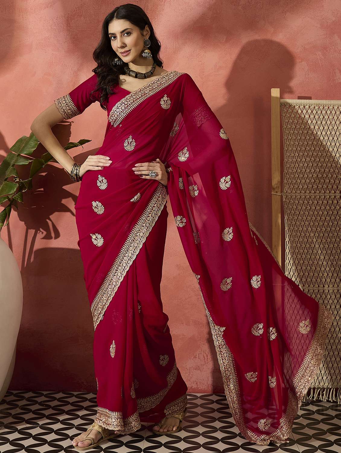 women solid with work embroidered saree with blouse
