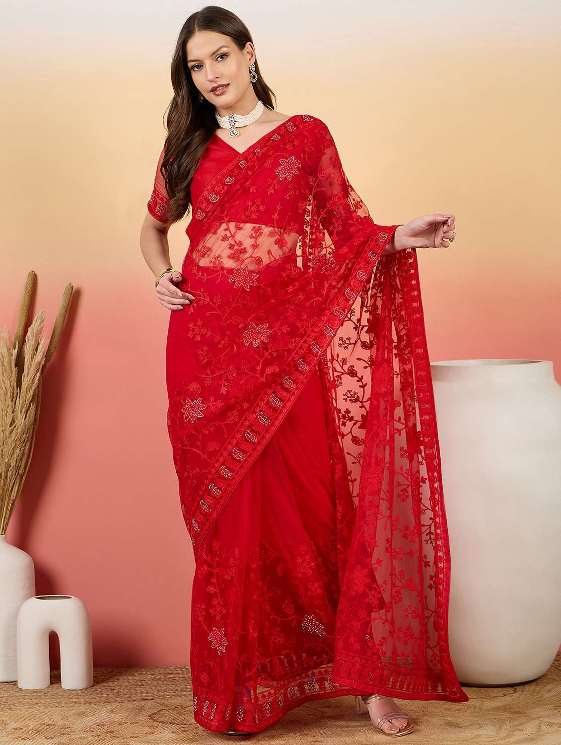 women solid with work embroidered saree with blouse