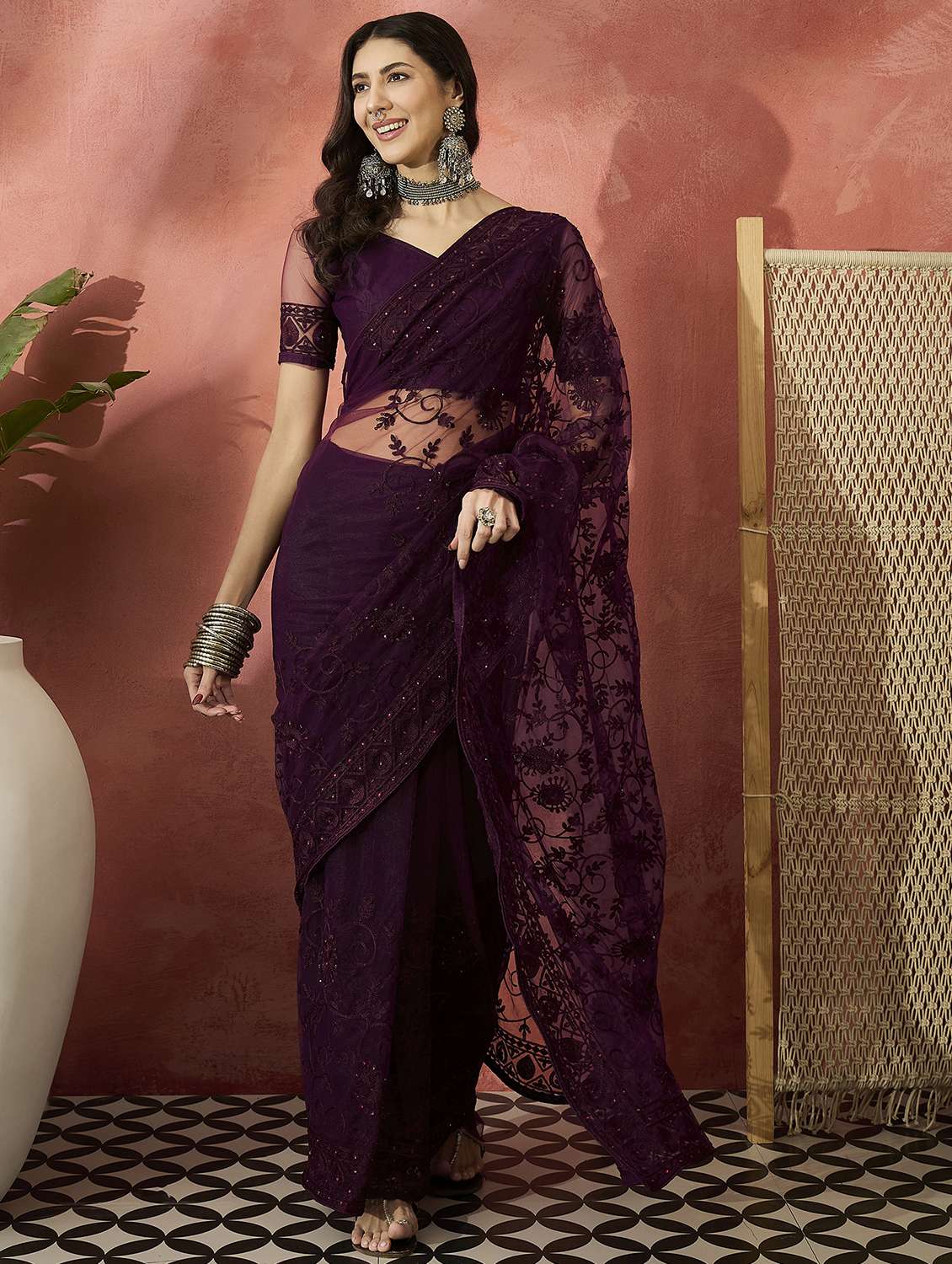 women solid with work embroidered saree with blouse