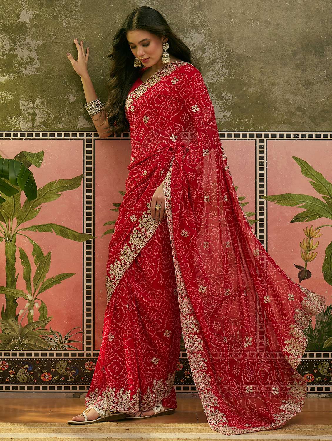 women bandhani printed embroidered saree with blouse