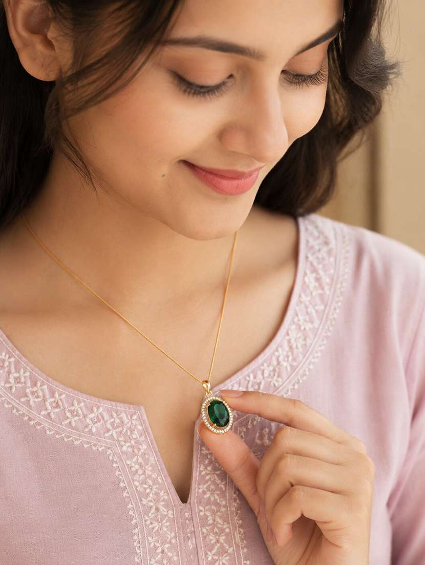 Oval Halo Design Gold Plated Pendant With Chain - 22662027 -  Standard Image - 1