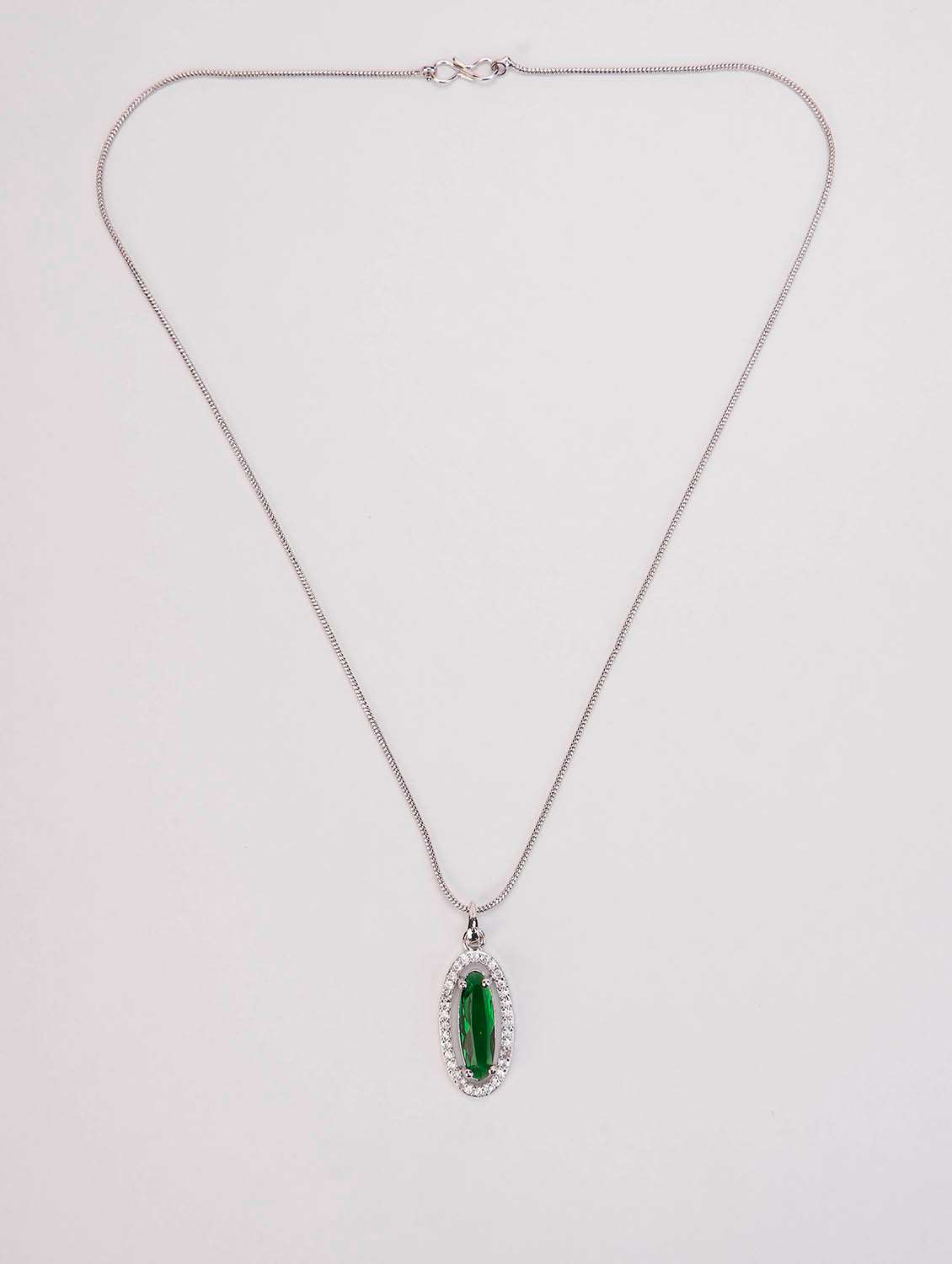 elongated oval halo design rhodium plated pendant with chain - 22662043 -  Standard Image - 1