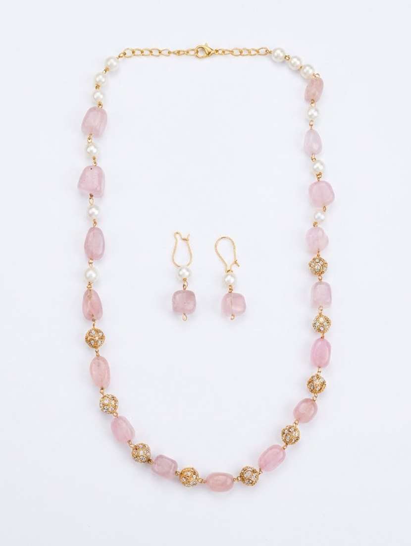 women pink metal pearl beaded necklace earrings set - 22662076 -  Standard Image - 1