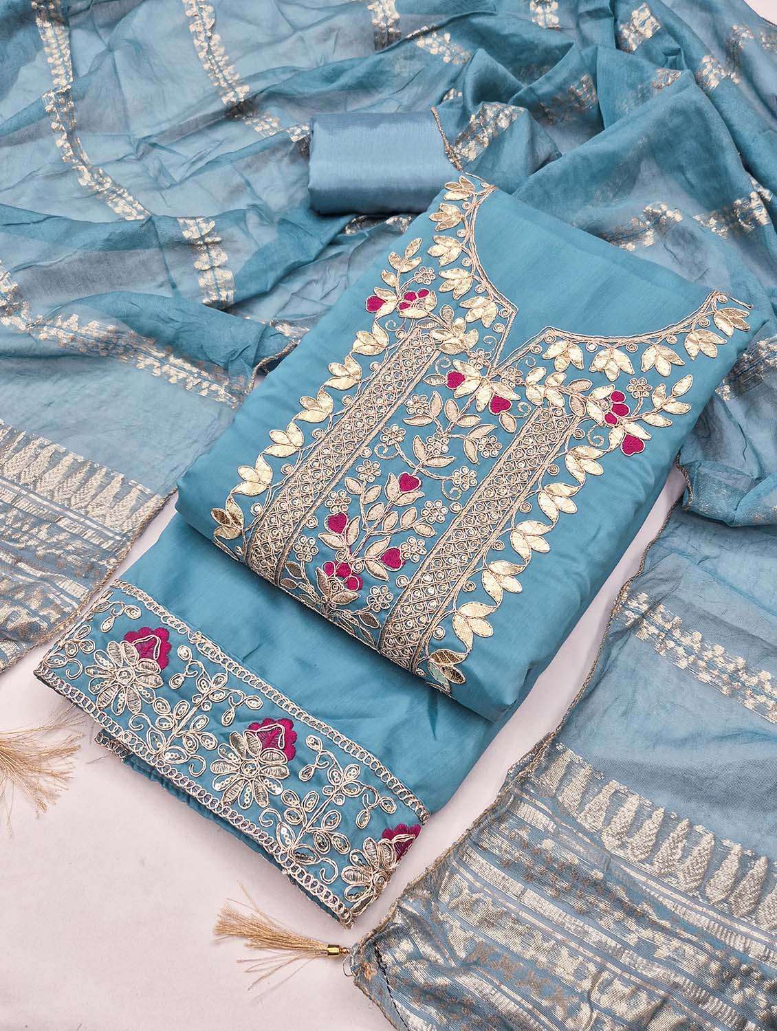 Women Solid With Work Unstitched Suit Set - 22662249 -  Standard Image - 1