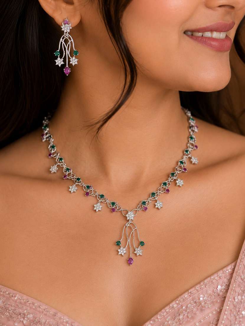 women rhodium plated multi stone necklace earring set  - 22662449 -  Standard Image - 1