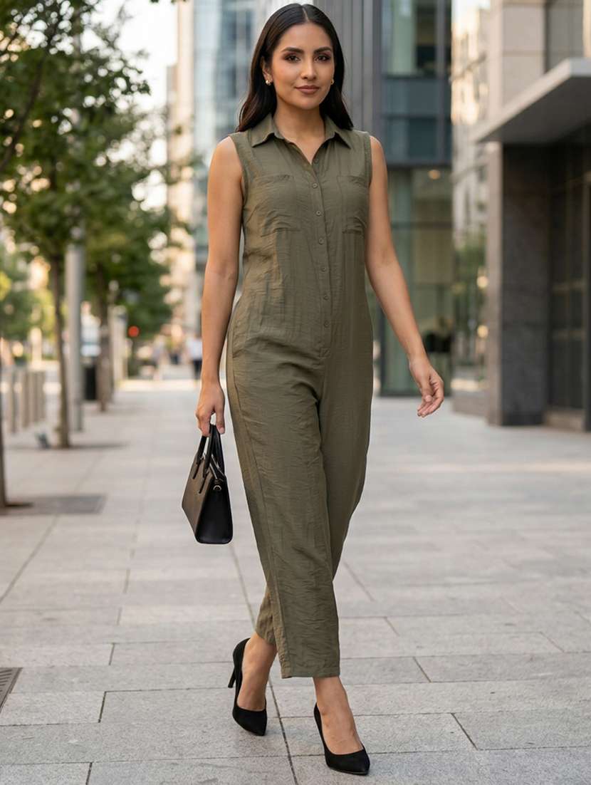 women solid sleeveless full leg jumpsuit