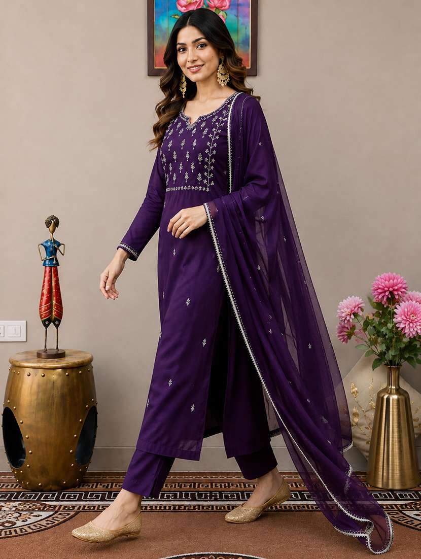 Women Solid With Work Three Quarter Sleeve Kurta Pant With Dupatta Set - 22663827 -  Standard Image - 1