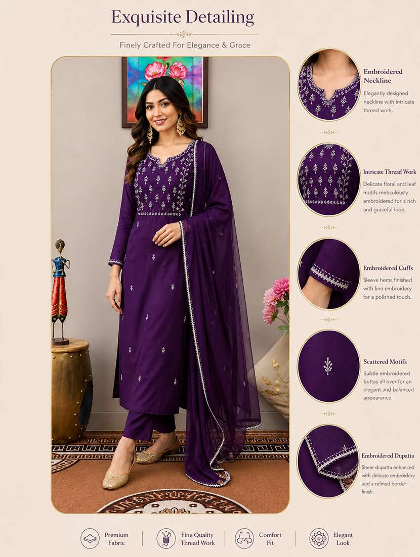 Women Solid With Work Three Quarter Sleeve Kurta Pant With Dupatta Set - 22663827 -  Standard Image - 4