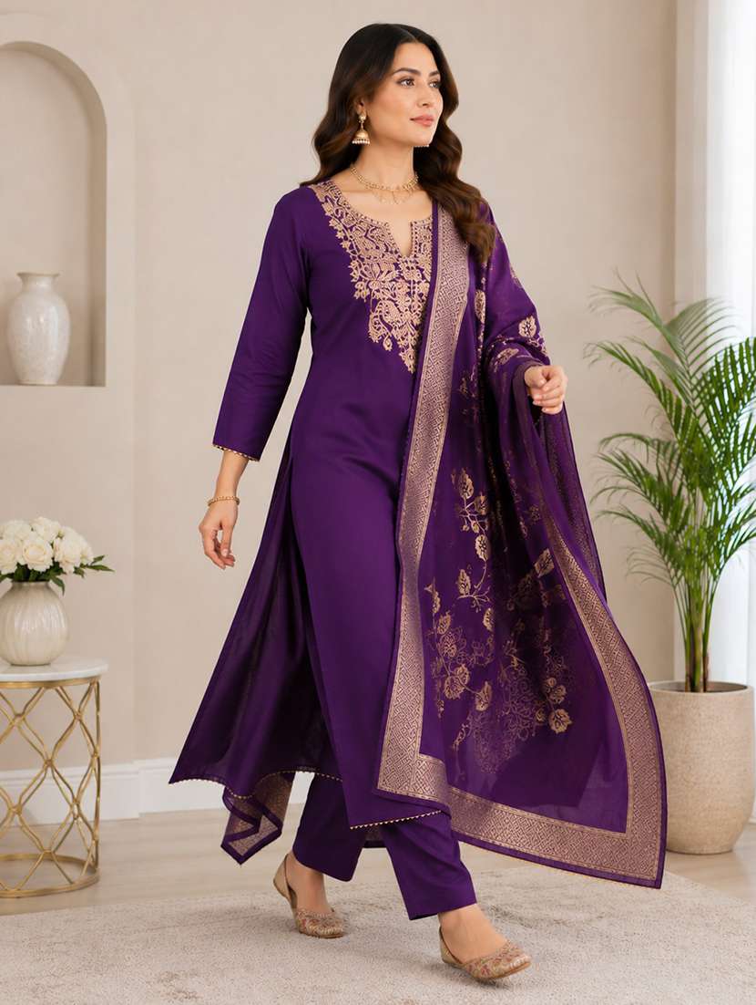 Women Solid With Work Three Quarter Sleeve Kurta Pant With Dupatta Set - 22663832 -  Standard Image - 1