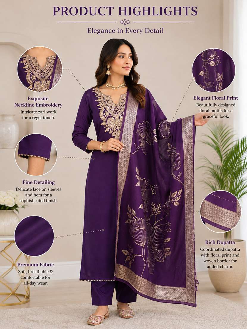 Women Solid With Work Three Quarter Sleeve Kurta Pant With Dupatta Set - 22663832 -  Standard Image - 4